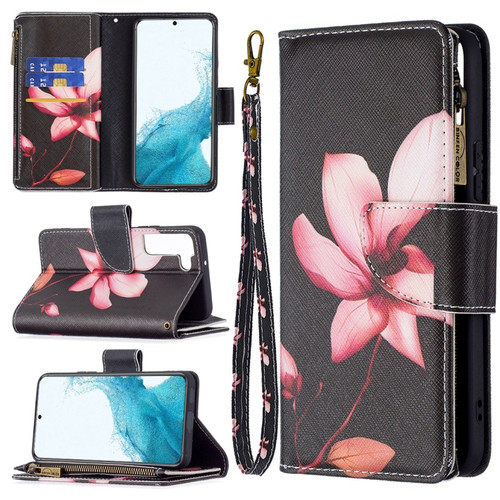 Samsung Galaxy S22 5G Colored Drawing Pattern Zipper Horizontal Flip Phone Leather Case with Holder & Card Slots & Wallet - Lotus