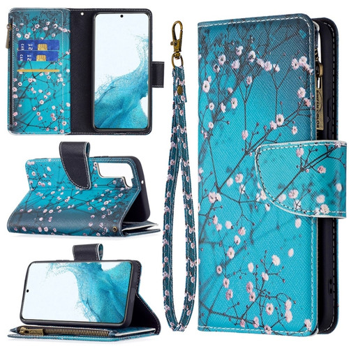 Samsung Galaxy S22 5G Colored Drawing Pattern Zipper Horizontal Flip Phone Leather Case with Holder & Card Slots & Wallet - Plum Blossom