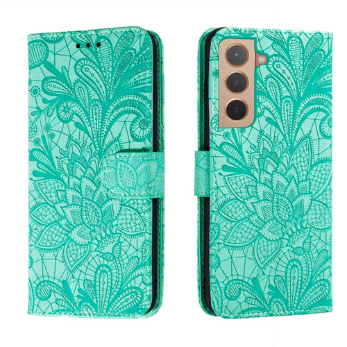 Samsung Galaxy S22 5G Lace Flower Leather Phone Case with Holder & Card Slots & Wallet & Photo Frame - Green