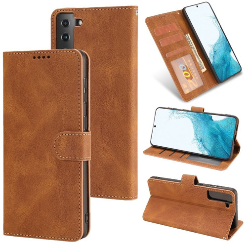 Samsung Galaxy S22 5G Fantasy Classic Skin-feel Calfskin Texture Magnetic Buckle Horizontal Flip PU Phone Leather Case with Holder & Card Slot & Wallet - Brown