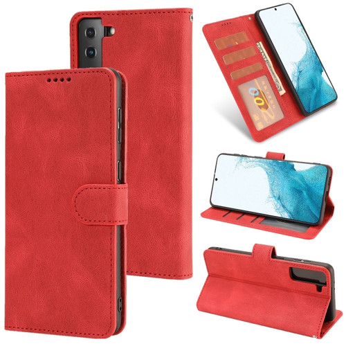 Samsung Galaxy S22 5G Fantasy Classic Skin-feel Calfskin Texture Magnetic Buckle Horizontal Flip PU Phone Leather Case with Holder & Card Slot & Wallet - Red