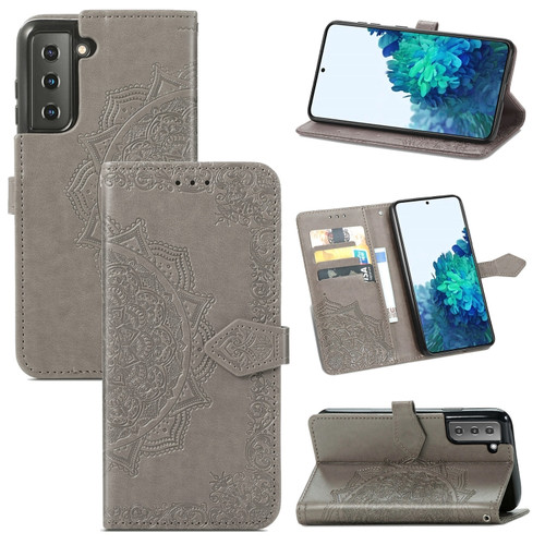 Samsung Galaxy S22 5G Mandala Flower Embossed Horizontal Flip Leather Case with Holder & Card Slots & Wallet & Lanyard - Gray