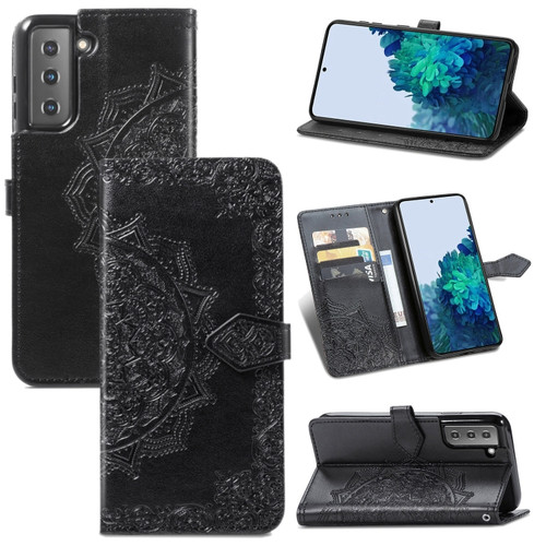 Samsung Galaxy S22 5G Mandala Flower Embossed Horizontal Flip Leather Case with Holder & Card Slots & Wallet & Lanyard - Black