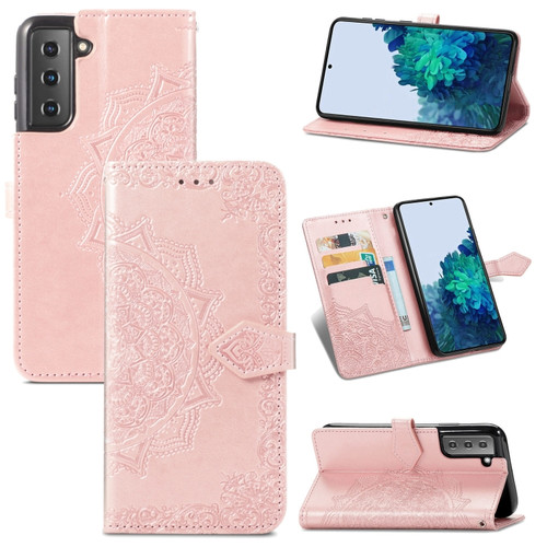 Samsung Galaxy S22 5G Mandala Flower Embossed Horizontal Flip Leather Case with Holder & Card Slots & Wallet & Lanyard - Rose Gold