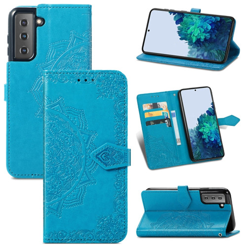 Samsung Galaxy S22 5G Mandala Flower Embossed Horizontal Flip Leather Case with Holder & Card Slots & Wallet & Lanyard - Blue