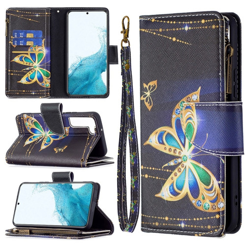 Samsung Galaxy S22 5G Colored Drawing Pattern Zipper Horizontal Flip Phone Leather Case with Holder & Card Slots & Wallet - Big Butterfly