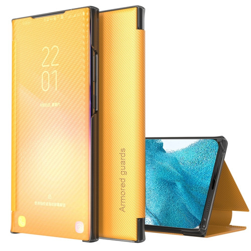 Samsung Galaxy S22 5G Carbon Fiber View Time Leather Phone Case - Yellow