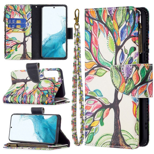 Samsung Galaxy S22 5G Colored Drawing Pattern Zipper Horizontal Flip Phone Leather Case with Holder & Card Slots & Wallet - Tree