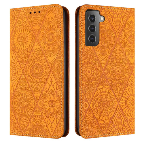 Samsung Galaxy S22 5G Ethnic Embossed Adsorption Leather Phone Case - Yellow