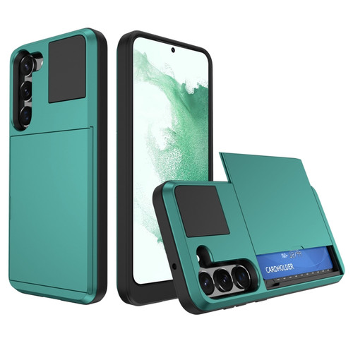 Samsung Galaxy S22 5G Multifunction Armor Slide Card Slot Phone Case - Green Lake