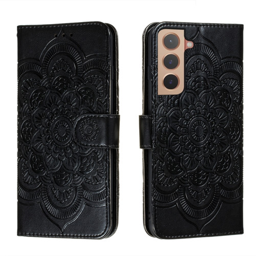Samsung Galaxy S22 5G Sun Mandala Embossing Pattern Phone Leather Case with Holder & Card Slots & Wallet & Lanyard - Black