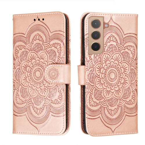 Samsung Galaxy S22 5G Sun Mandala Embossing Pattern Phone Leather Case with Holder & Card Slots & Wallet & Lanyard - Rose Gold