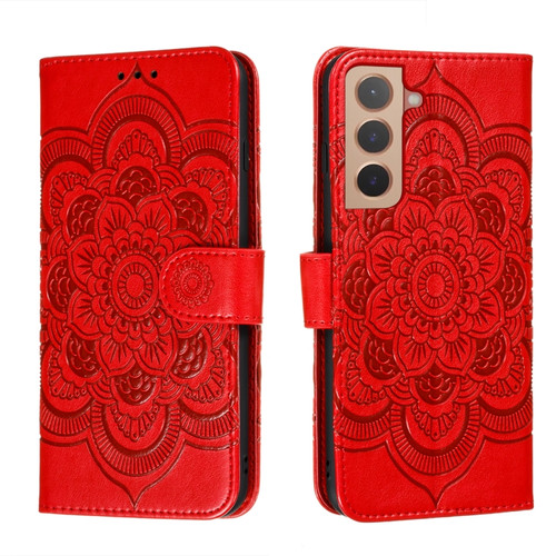 Samsung Galaxy S22 5G Sun Mandala Embossing Pattern Phone Leather Case with Holder & Card Slots & Wallet & Lanyard - Red