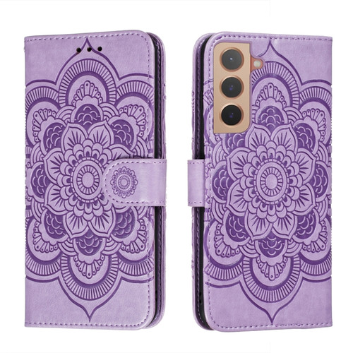 Samsung Galaxy S22 5G Sun Mandala Embossing Pattern Phone Leather Case with Holder & Card Slots & Wallet & Lanyard - Purple