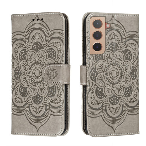 Samsung Galaxy S22 5G Sun Mandala Embossing Pattern Phone Leather Case with Holder & Card Slots & Wallet & Lanyard - Grey