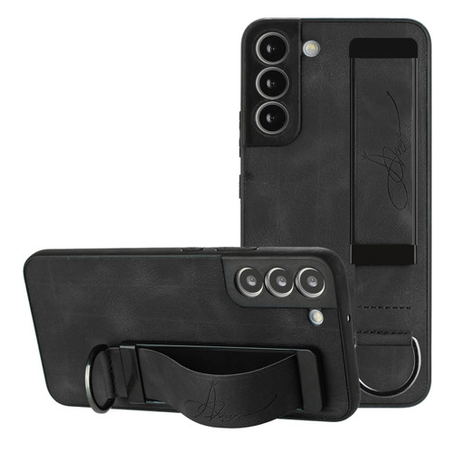 Samsung Galaxy S22 5G Wristband Holder Leather Back Phone Case - Black