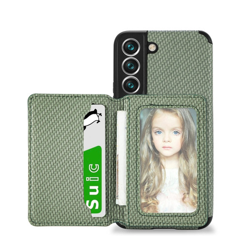 Samsung Galaxy S22 5G Carbon Fiber Magnetic Card Holder TPU+PU Case - Green
