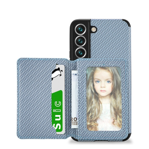 Samsung Galaxy S22 5G Carbon Fiber Magnetic Card Holder TPU+PU Case - Blue