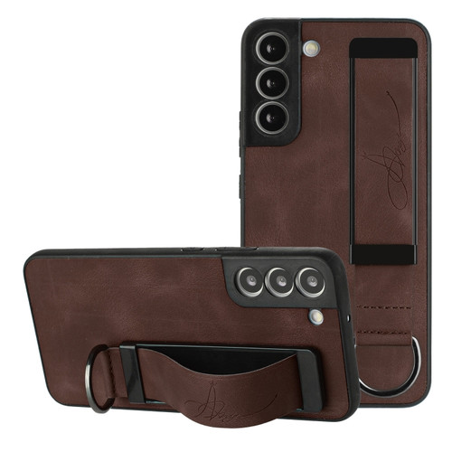 Samsung Galaxy S22 5G Wristband Holder Leather Back Phone Case - Coffee