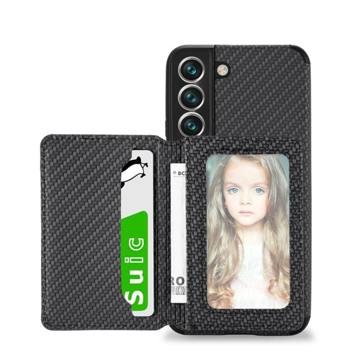 Samsung Galaxy S22 5G Carbon Fiber Magnetic Card Holder TPU+PU Case - Black