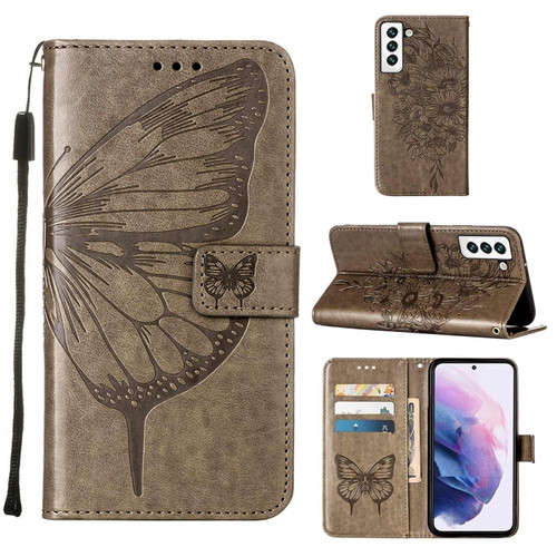 Samsung Galaxy S22 5G Embossed Butterfly Leather Phone Case with Holder & Card Slot & Wallet & Lanyard - Grey