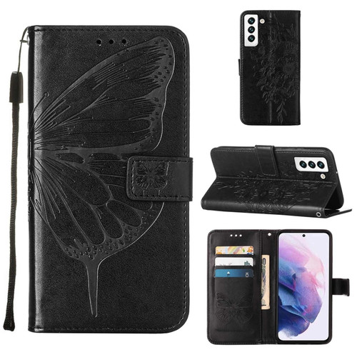 Samsung Galaxy S22 5G Embossed Butterfly Leather Phone Case with Holder & Card Slot & Wallet & Lanyard - Black