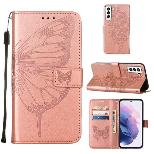 Samsung Galaxy S22 5G Embossed Butterfly Leather Phone Case with Holder & Card Slot & Wallet & Lanyard - Rose Gold