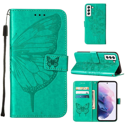 Samsung Galaxy S22 5G Embossed Butterfly Leather Phone Case with Holder & Card Slot & Wallet & Lanyard - Green
