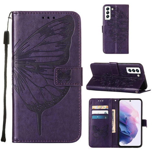 Samsung Galaxy S22 5G Embossed Butterfly Leather Phone Case with Holder & Card Slot & Wallet & Lanyard - Dark Purple