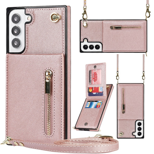 Samsung Galaxy S22 5G Cross-body Square Zipper Card Holder Bag Phone Case - Rose Gold