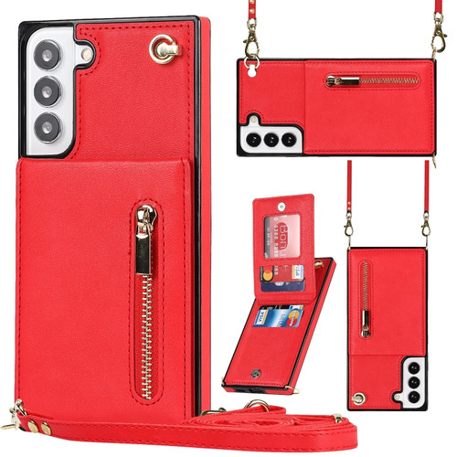 Samsung Galaxy S22 5G Cross-body Square Zipper Card Holder Bag Phone Case - Red