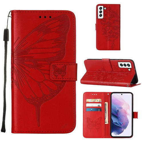 Samsung Galaxy S22 5G Embossed Butterfly Leather Phone Case with Holder & Card Slot & Wallet & Lanyard - Red
