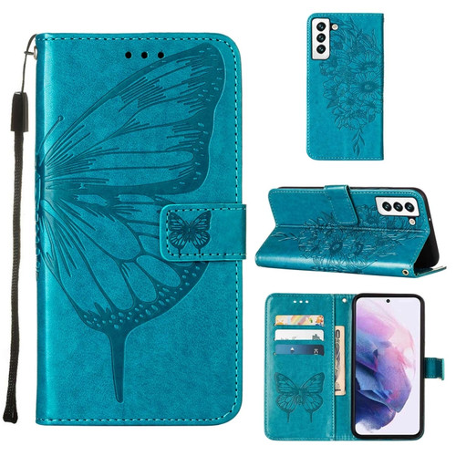 Samsung Galaxy S22 5G Embossed Butterfly Leather Phone Case with Holder & Card Slot & Wallet & Lanyard - Blue
