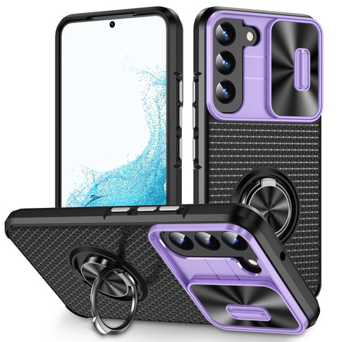 Samsung Galaxy S22 5G Sliding Camshield Armor Phone Case with Ring Holder - Purple Black
