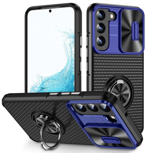 Samsung Galaxy S22 5G Sliding Camshield Armor Phone Case with Ring Holder - Blue Black