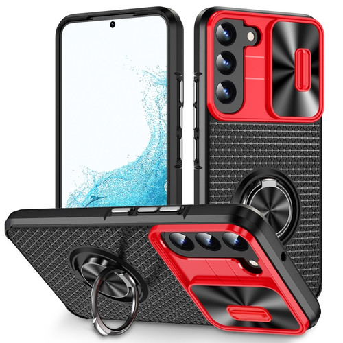 Samsung Galaxy S22 5G Sliding Camshield Armor Phone Case with Ring Holder - Red Black