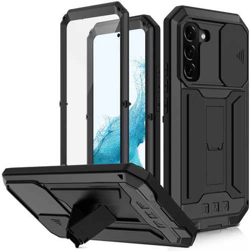 Samsung Galaxy S22 5G R-JUST Sliding Camera Metal + Silicone Holder Phone Case - Black