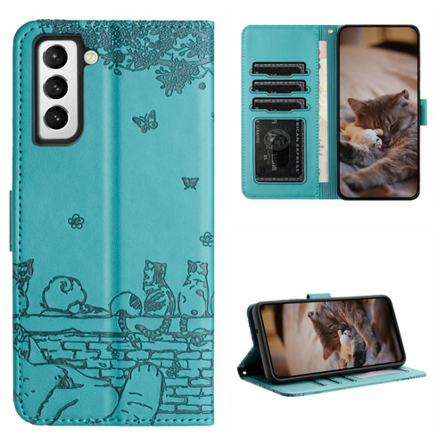 Samsung Galaxy S22 Cat Embossing Pattern Leather Phone Case with Lanyard - Blue