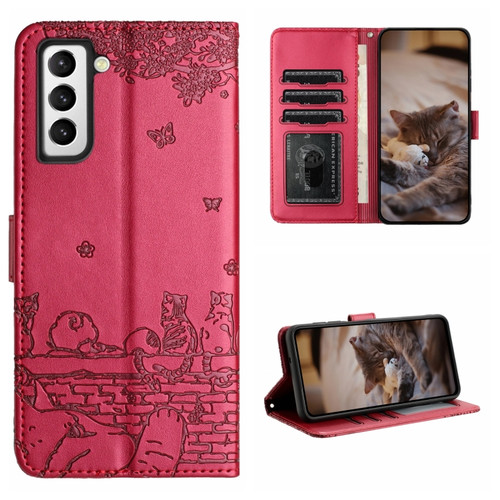 Samsung Galaxy S22 Cat Embossing Pattern Leather Phone Case with Lanyard - Red