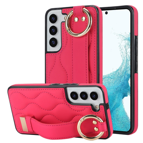 Samsung Galaxy S22 Non-slip Full Coverage Ring PU Phone Case with Wristband - Rose Red