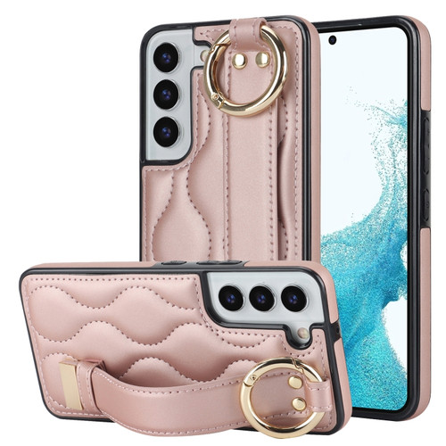 Samsung Galaxy S22 Non-slip Full Coverage Ring PU Phone Case with Wristband - Rose Gold