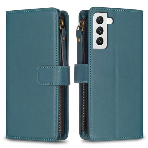 Samsung Galaxy S22 5G 9 Card Slots Zipper Wallet Leather Flip Phone Case - Green