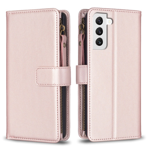 Samsung Galaxy S22 5G 9 Card Slots Zipper Wallet Leather Flip Phone Case - Rose Gold