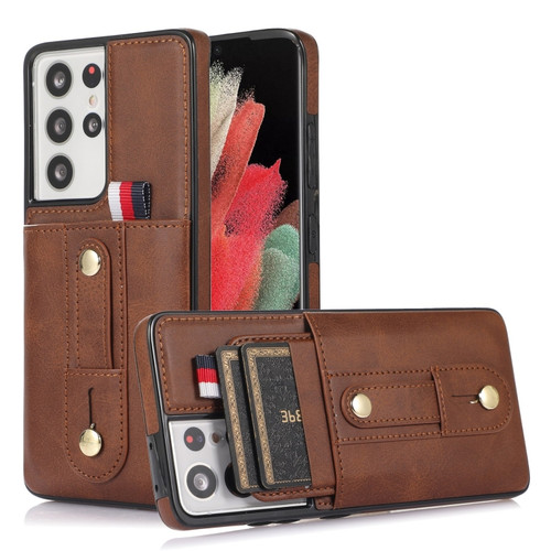 Samsung Galaxy S22 Ultra 5G Wristband Kickstand Wallet Leather Phone Case - Brown