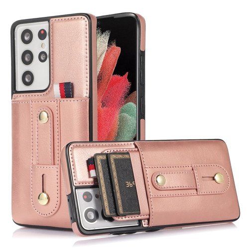 Samsung Galaxy S22 Ultra 5G Wristband Kickstand Wallet Leather Phone Case - Rose Gold