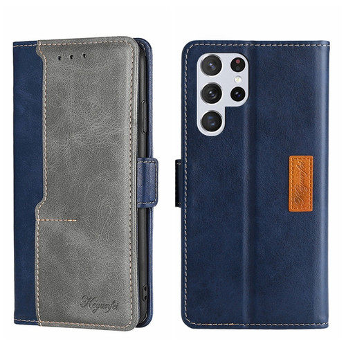 Samsung Galaxy S22 Ultra Contrast Color Side Buckle Leather Phone Case - Blue + Grey