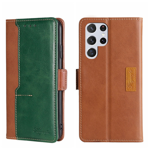 Samsung Galaxy S22 Ultra Contrast Color Side Buckle Leather Phone Case - Light Brown + Green