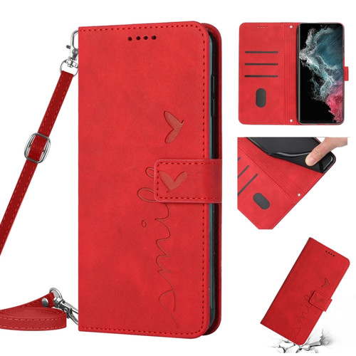 Samsung Galaxy S22 Ultra Skin Feel Heart Pattern Leather Phone Case With Lanyard - Red