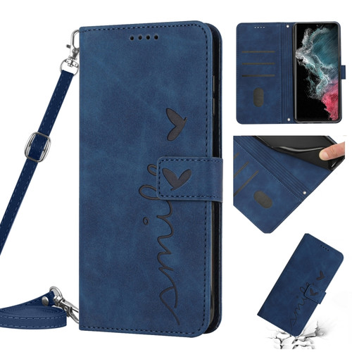 Samsung Galaxy S22 Ultra Skin Feel Heart Pattern Leather Phone Case With Lanyard - Blue