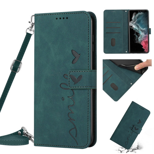 Samsung Galaxy S22 Ultra Skin Feel Heart Pattern Leather Phone Case With Lanyard - Green